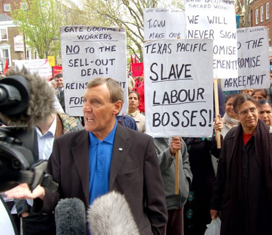 TGWU leader TONY WOODLEY was picketed by locked-out Gate Gourmet workers on May 1st