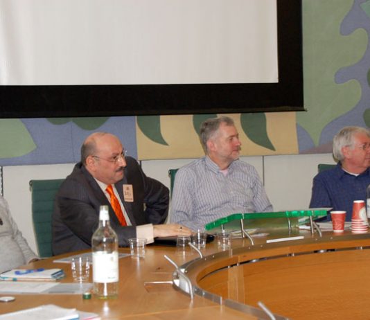Left to right:  farmer Sharif Omar, Palestinian ambassador to Britain Manuel Hassassian, Jeremy Corbyn MP and Bernard Regan, from the National Union of Teachers at the launch of ‘Enough!’ in Westminster on Tuesday