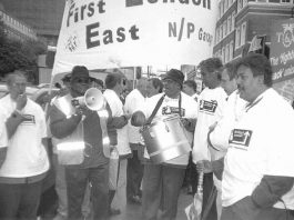 US busworkers joined their British counterparts to demonstrate in London against FirstGroup privateers