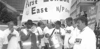 US busworkers joined their British counterparts to demonstrate in London against FirstGroup privateers