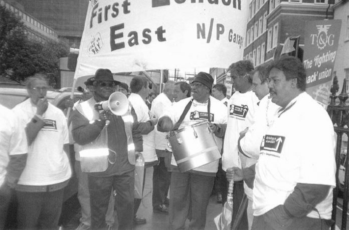 US busworkers joined their British counterparts to demonstrate in London against FirstGroup privateers