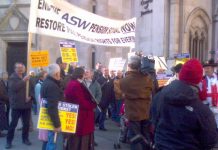 ASW workers who have lost their pensions after the company went bankrupt outside the High Court on Monday