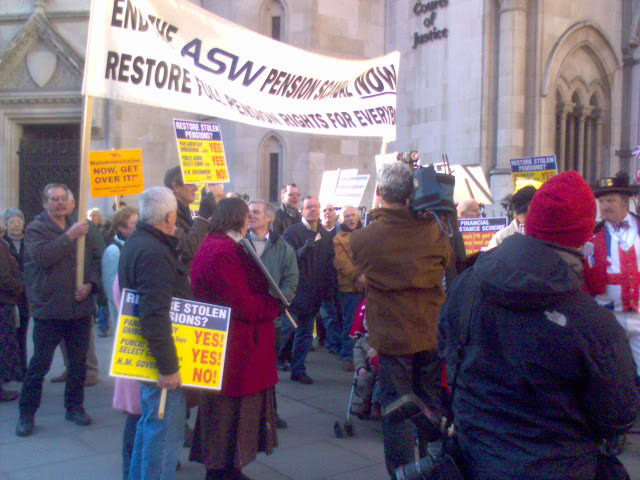 ASW workers who have lost their pensions after the company went bankrupt outside the High Court on Monday