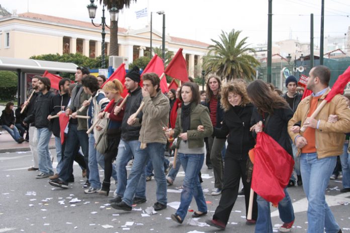 Students marching in Athens on February 8