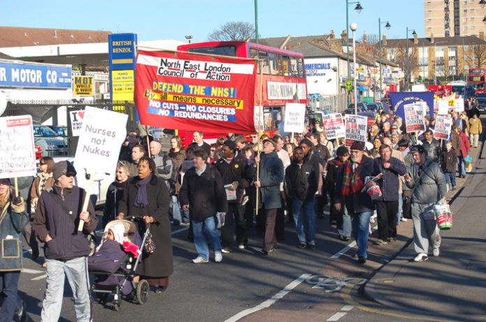 North East London Council of Action banner on the February 3rd demonstration to defend Whipps Cross Hospital