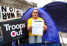 Rose Gentle at the Military Families Against the War Camp opposite Downing Street, yesterday with a letter demanding Blair meet the families