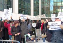 Demonstrators outside the Home Office yesterday demanding the government halts a charter flight that was due to take off to Democratic Republic of the Congo (DRC) last night, with worries that those being dispatched to the DRC would be in grave danger and