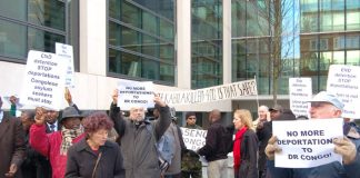 Demonstrators outside the Home Office yesterday demanding the government halts a charter flight that was due to take off to Democratic Republic of the Congo (DRC) last night, with worries that those being dispatched to the DRC would be in grave danger and