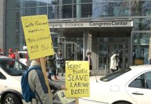 Supporters of the Gate Gourmet sacked workers picketing the venture capitalist summit in Frankfurt on Tuesday which was attended by the Texas Pacific boss