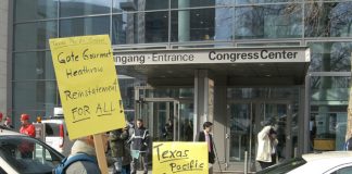 Supporters of the Gate Gourmet sacked workers picketing the venture capitalist summit in Frankfurt on Tuesday which was attended by the Texas Pacific boss