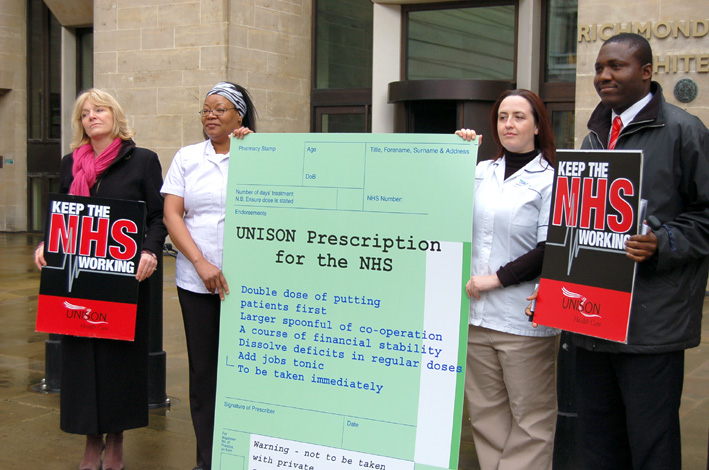 UNISON Head of Health KAREN JENNINGS (left) with other UNISON members handing in the UNISON prescription for the NHS to the Department of Health yesterday mid-day