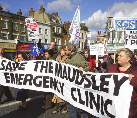 The front of Saturday’s 500-strong march to defend the Maudsley Hospital in Camberwell