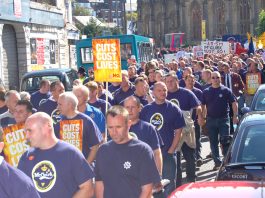 Thousands of firefighters marched in Liverpool last September in support of the Merseyside FBU strike against cuts