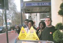 GMB members working for NCP demanding union recognition yesterday outside the Dorchester Hotel in Park Lane