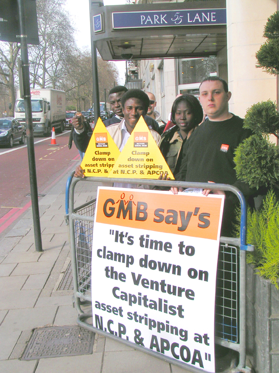 GMB members working for NCP demanding union recognition yesterday outside the Dorchester Hotel in Park Lane