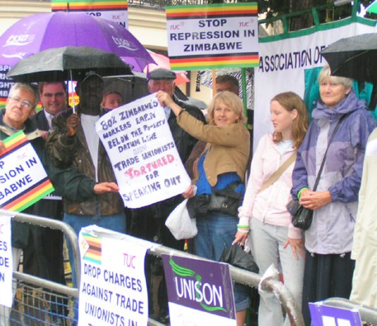 Trade unionists demonstrating outside the Zimbabwean embassy in London against the repression being meted out against the Zimbabwe Congress of Trade Unions