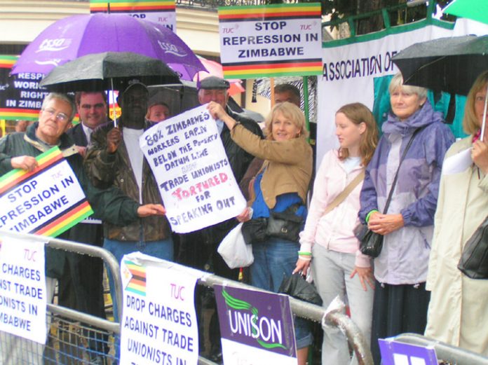 Trade unionists demonstrating outside the Zimbabwean embassy in London against the repression being meted out against the Zimbabwe Congress of Trade Unions