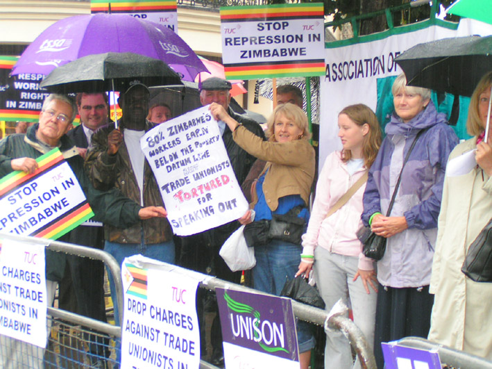 Trade unionists demonstrating outside the Zimbabwean embassy in London against the repression being meted out against the Zimbabwe Congress of Trade Unions