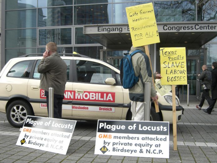 GMB trade unionists and  and supporters of the sacked Gate Gourmet workers from Heathrow demonstrated outside the venture capitalists’ summit held in Frankfurt, Germany on February 28th