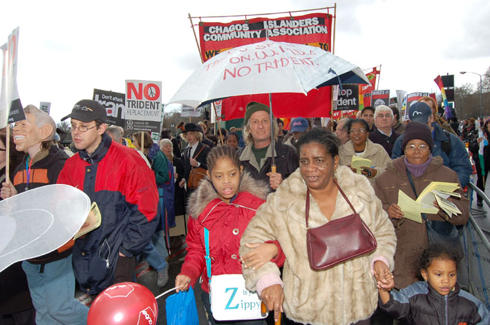 Chagos Islanders fighting to return to their homeland of Diego Garcia and expel the US Military base there, campaigning on the February 24 demonstration against  the Trident  replacement
