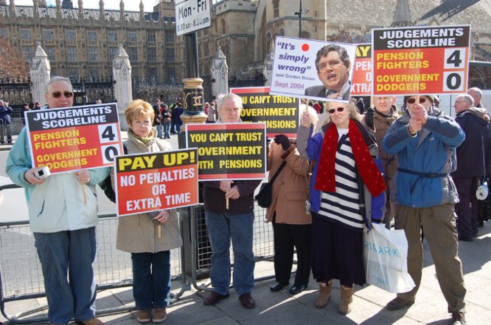 Workers who have lost their company pensions which were recommended by the government outside the House of Commons yesterday were demanding that Chancellor Brown pay up