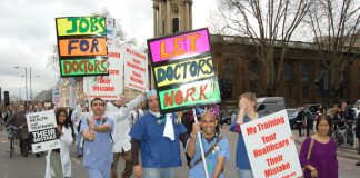 Angry doctors marching through London last Saturday calling for the scrapping of the government’s training ‘reforms’  which threaten thousands of jobs