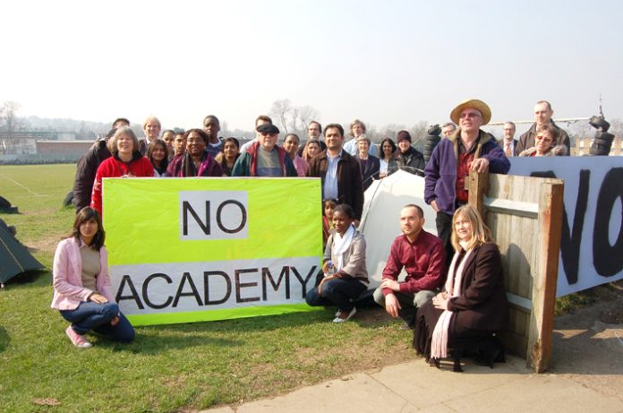 Teachers, pupils and parents are occupying Wembley partk Sports Ground to stop the building of a planned private City Academyround