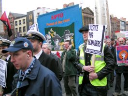 FAILURE TO LEGISLATE LEAVES SEAFARERS EXPOSED – warns ITF inspector SIPTU members on the 100,000-strong march in Dublin in December 2005 in support of the Irish Ferries workers’ occupation