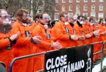 Protest outside the US embassy in London on January 11 – five years since the first prisoners were inarcerated at Guantanamo Bay