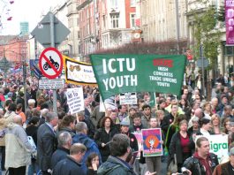 The 100,000-strong march in Dublin during the general strike on December 11th 2005 with banner of young trade unionists marching in support of the occupation of the Innishmore Irish ferries’ ship by the ships crew opposing the introduction of cheap labour