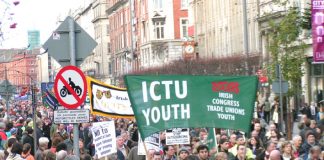 The 100,000-strong march in Dublin during the general strike on December 11th 2005 with banner of young trade unionists marching in support of the occupation of the Innishmore Irish ferries’ ship by the ships crew opposing the introduction of cheap labour