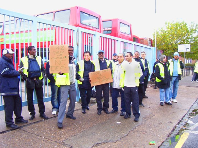 Mass picket by bus workers during strike action at Metroline bus company in west London last November