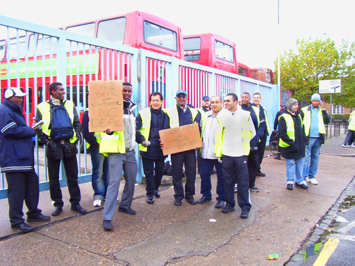 Mass picket by bus workers during strike action at Metroline bus company in west London last November