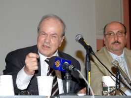 Foreign Minister of Palestine, FAROUQ KHADDOUMI, addressing Monday night’s meeting in London with Palestinian General Delegate to the UK Dr MANUEL HASSASSIAN