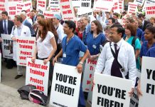 Hundreds of angry doctors at yesterday’s rally outside parliament against the government’s assault on their jobs and training