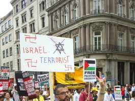 Demonstrators in London on July 22nd last year condemn the Israeli assault on Lebanon