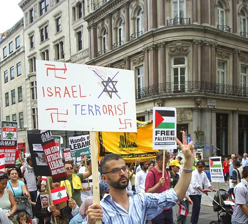 Demonstrators in London on July 22nd last year condemn the Israeli assault on Lebanon
