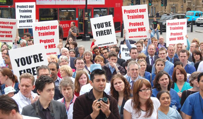 Angry junior doctors lobbying Parliament on Tuesday against the government’s NHS ‘reforms’