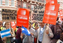 Demonstrators  in central London yesterday showed their support for the Strangers into Citizens campaign and condemned the government’s draconian anti-immigration and asylum laws