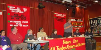 The platform at Sunday’s News Line-All Trades Unions Alliance conference in London