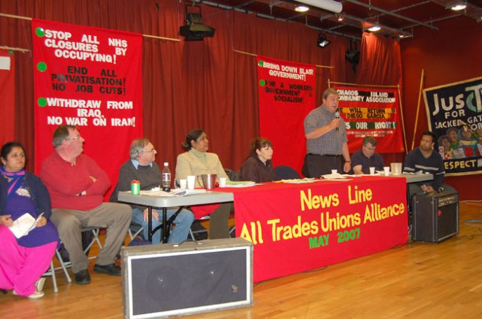 The platform at Sunday’s News Line-All Trades Unions Alliance conference in London