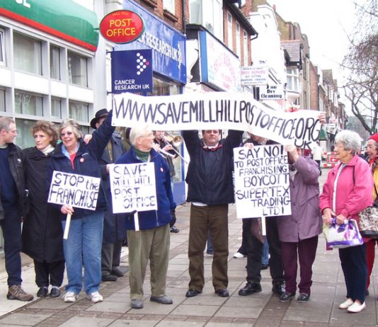 Postal workers and pensioners demonstrating together in Mill Hill
