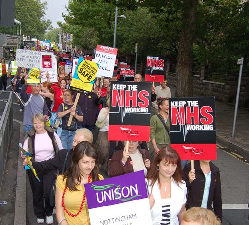 UNISON members among the 5,000-strong march in Nottingham last September against NHS cuts