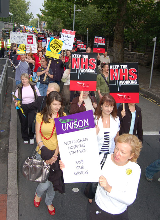 UNISON members among the 5,000-strong march in Nottingham last September against NHS cuts