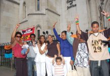 Chagos Islanders celebrating their victory outside the Court of Appeal yesterday