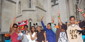 Chagos Islanders celebrating their victory outside the Court of Appeal yesterday