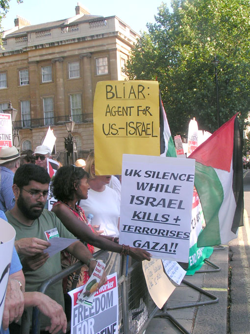 Protest outside Downing Street last July against Prime Minister Blair’s support for the Israeli regime