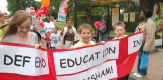 A recent defend education march in Lewisham – parents will be shocked to find out that tens of thousands of children are being fingerprinted at school