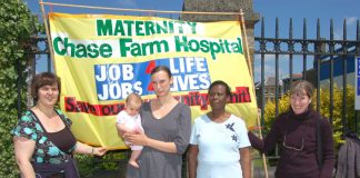 From the left: Midwifery assistant MARIA SUAREZ, a young mother, and North East London Council of Action members ROSETTA REEVES  and ANNA ATHOW on yesterday’s picket of Chase Farm Hospital