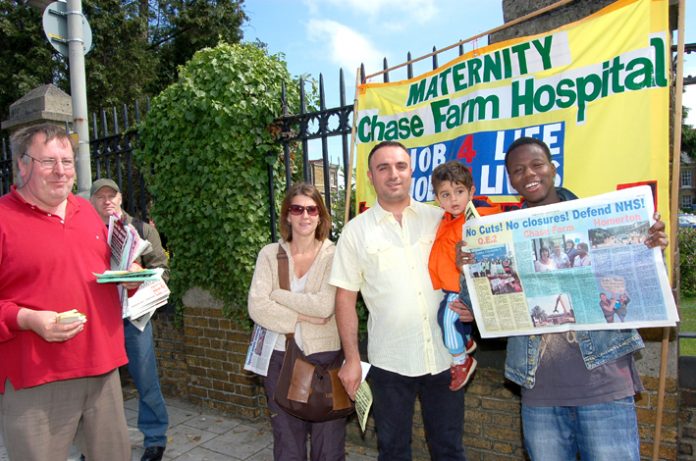 Part of a mass picket of Chase Farm Hospital on Tuesday to prevent its A&E and Maternity departments being closed